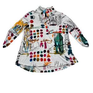 Ali Miles Artsy Art to Wear Travel City Print Abstract Pop Over Top Women's SZ S